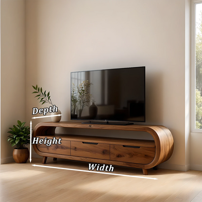 Espresso brown TV stand with sculptural front detail and balanced form in a contemporary setting