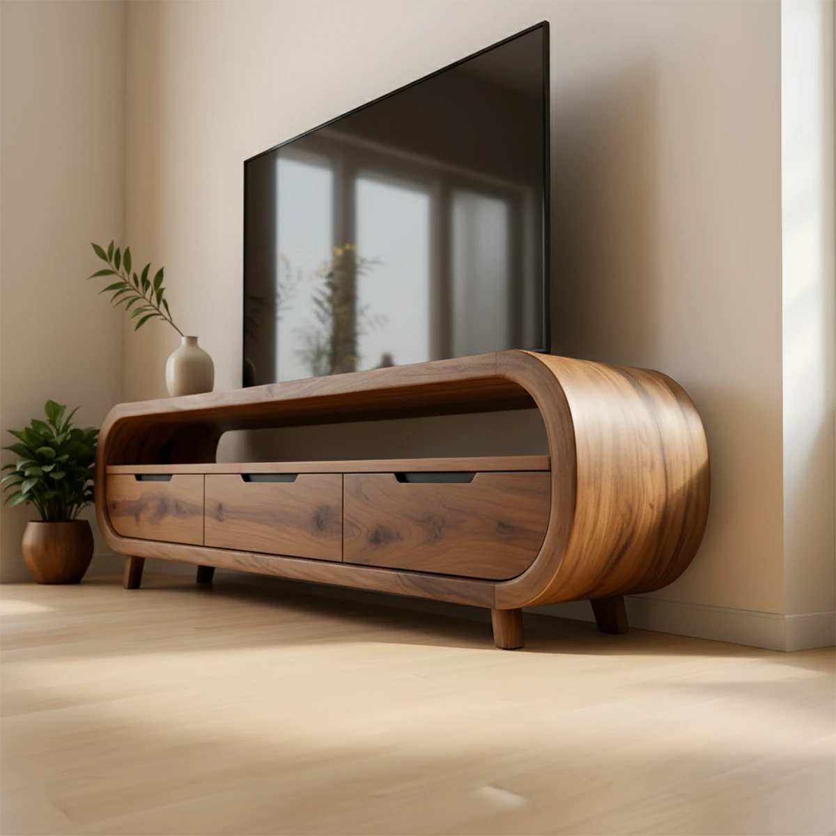 Contemporary TV stand in espresso brown finish with sleek form and sculptural cabinet front
