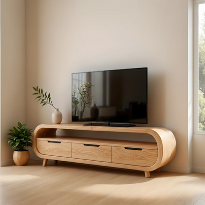 Modern TV stand with espresso oak tone and elegant grain texture in a warm living room