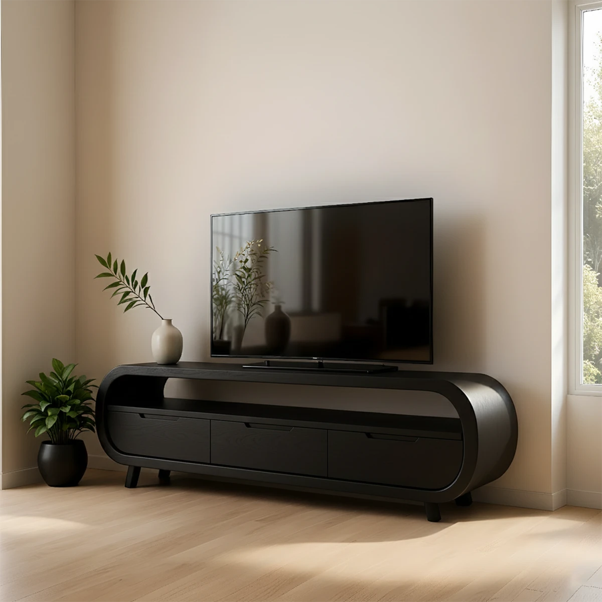 Espresso black TV stand with low profile structure and clean modern design in a neutral space