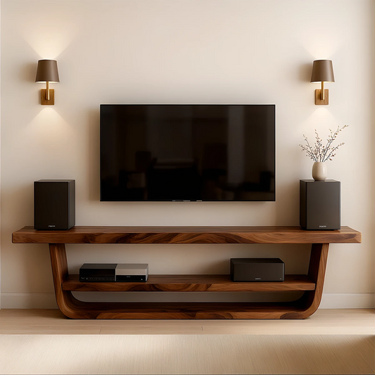Natural brown TV stand with organic grain front panels and clean lines in a modern living room