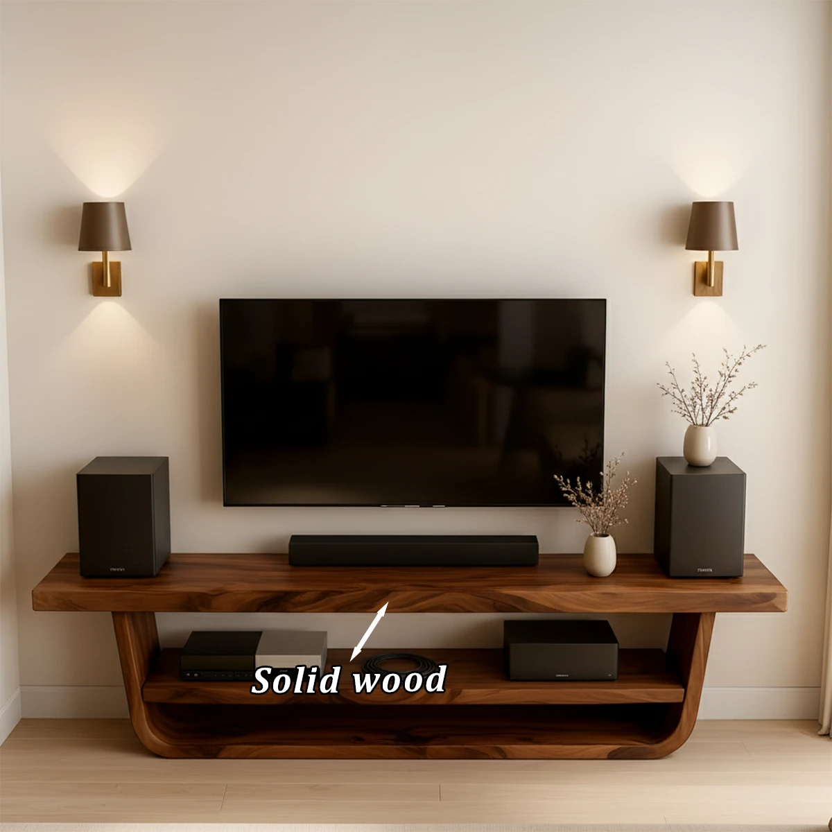 TV stand in natural brown finish with subtle grain detail and balanced form in a modern home