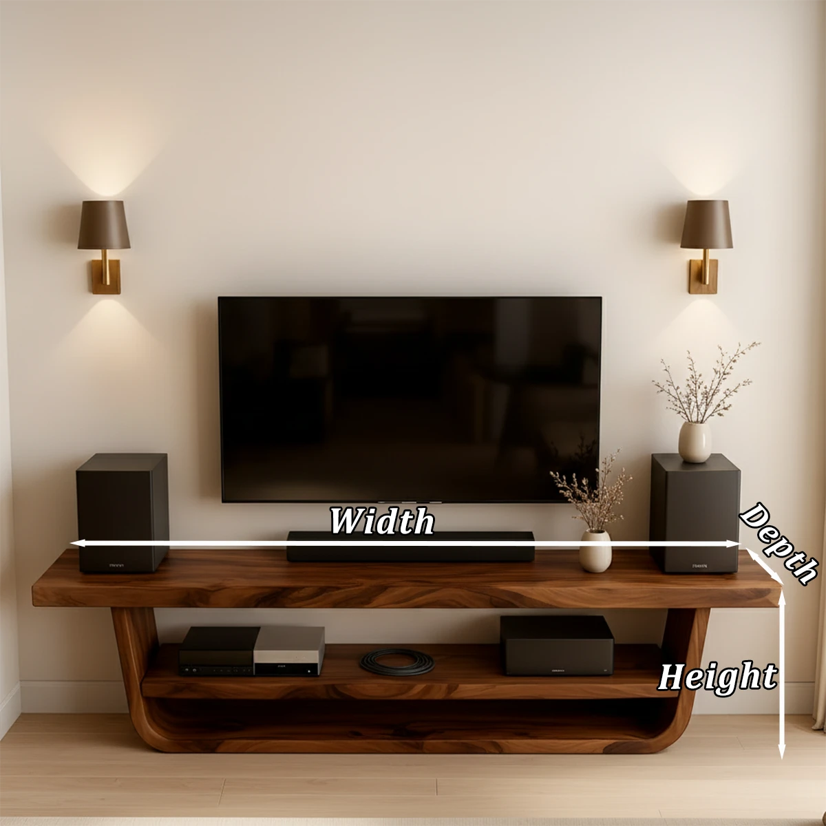 Natural brown TV stand with smooth front panels and elegant minimal design in a calm interior