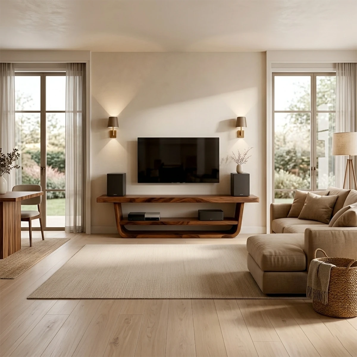 Modern TV stand in natural brown finish with smooth surface and low profile in a bright interior