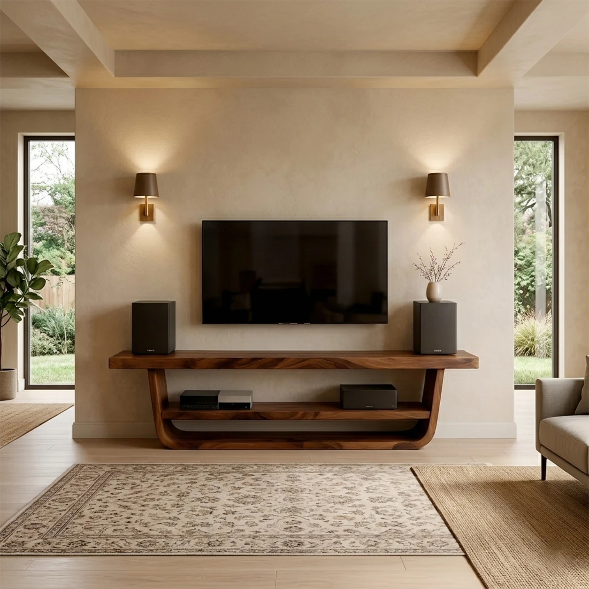 Natural brown TV stand with subtle grain detail and minimalist form in a calm living space