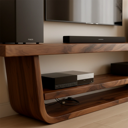 Contemporary TV stand in natural brown finish with sleek cabinet design and clean silhouette