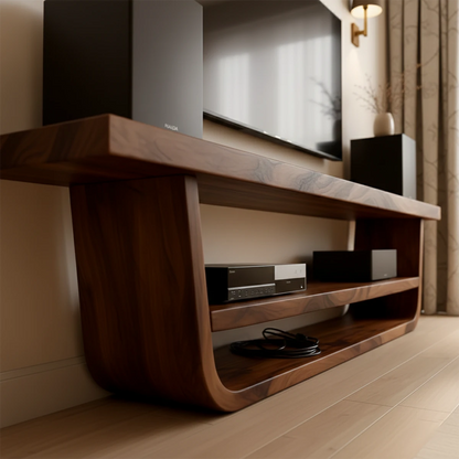 Natural brown TV stand with seamless storage and refined grain texture in a modern interior