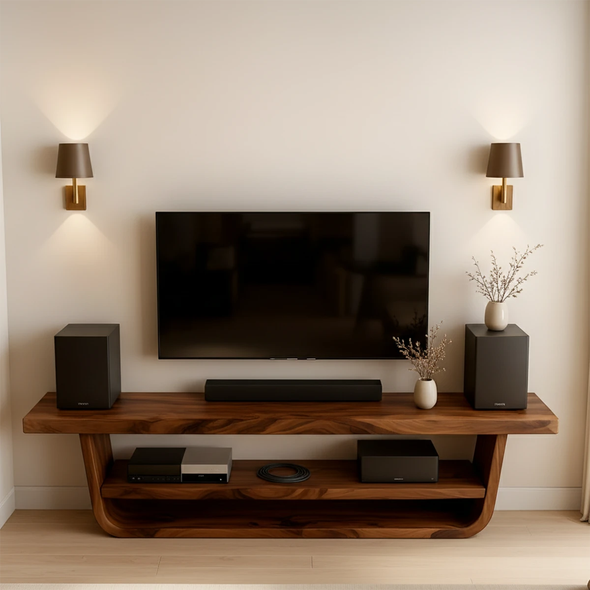 TV stand in natural brown finish with clean lines and gentle grain pattern in a neutral space