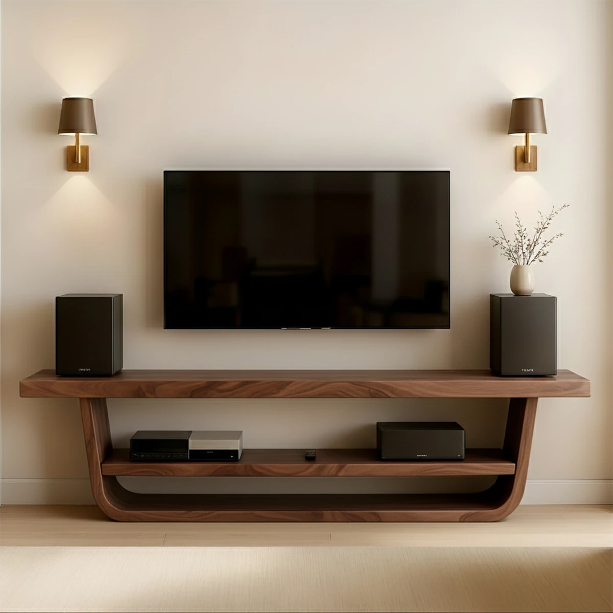 TV stand in natural walnut finish with clean lines and gentle grain pattern in a neutral space