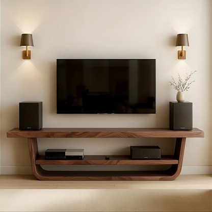 TV stand in natural walnut finish with clean lines and gentle grain pattern in a neutral space