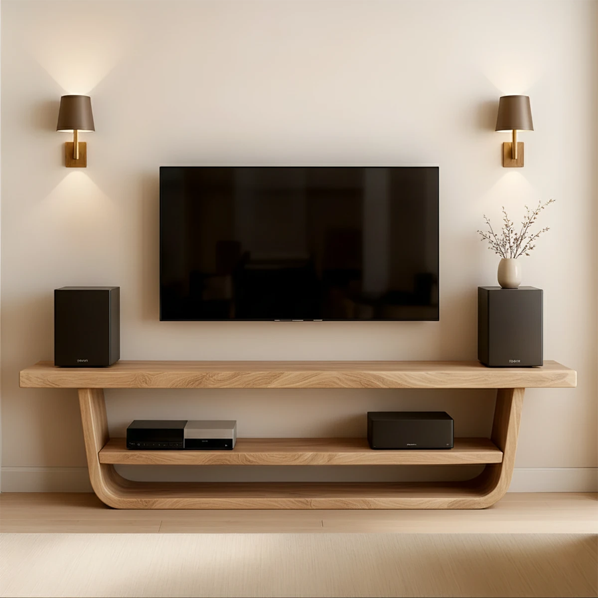 Modern TV stand with natural oak tone and organic texture in a warm interior setting