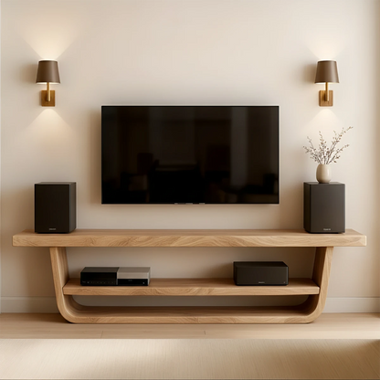 Modern TV stand with natural oak tone and organic texture in a warm interior setting