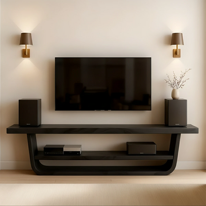 Natural black TV stand with low profile design and clean modern look in a bright space