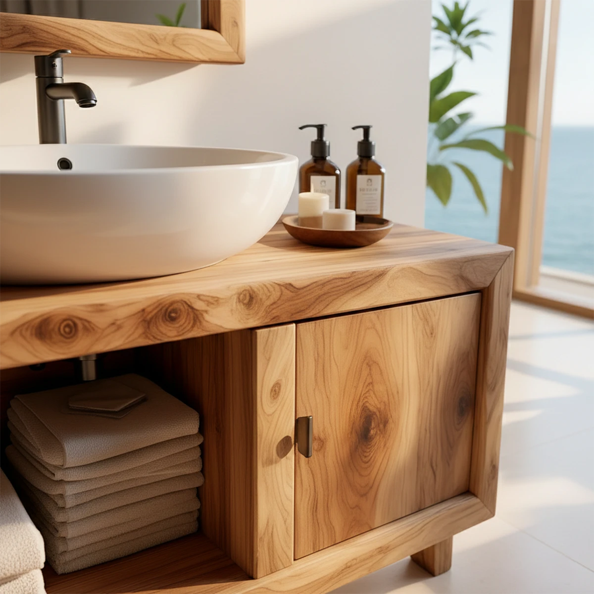 Vanity with storage shelf and door – solid wood vanity