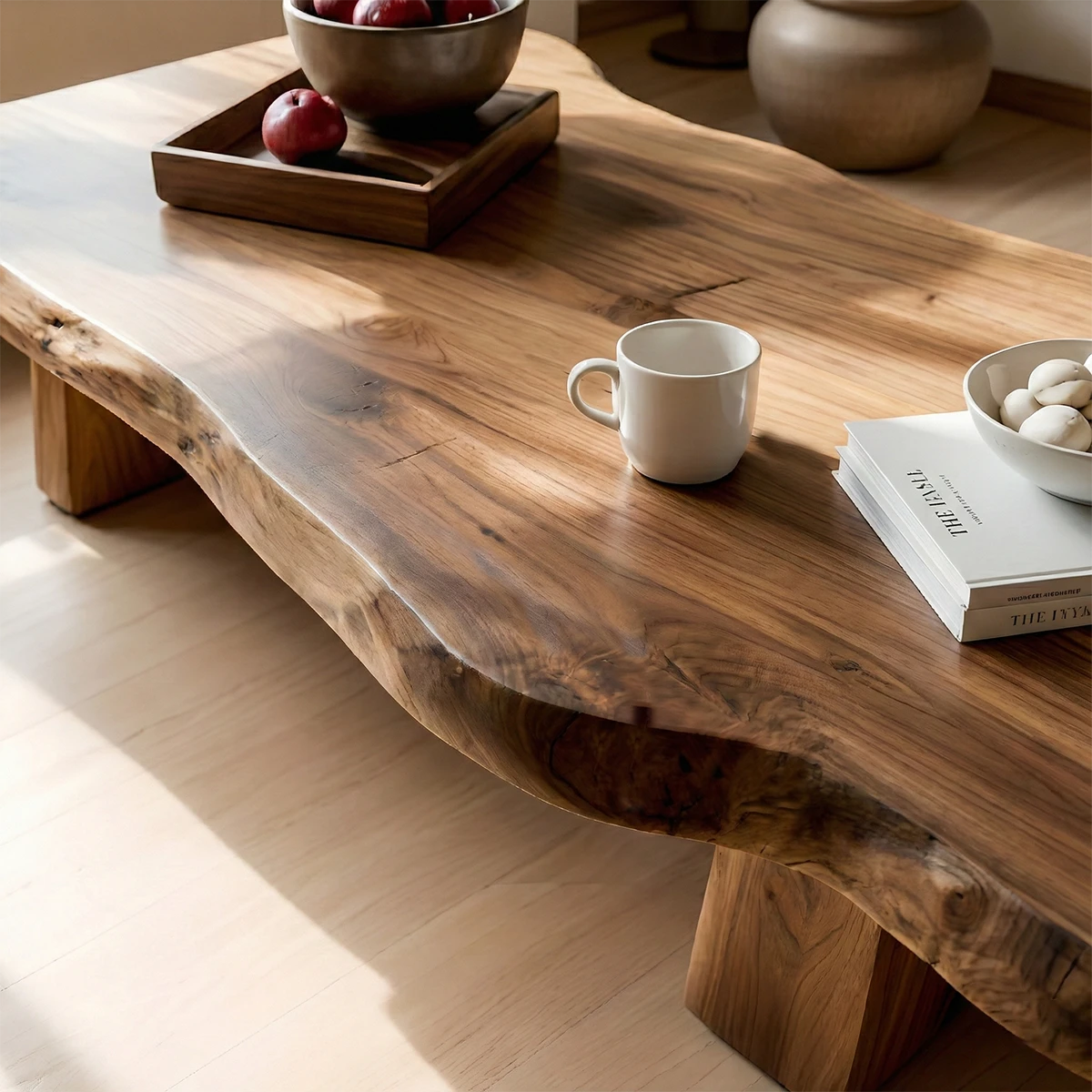 Walnut coffee table with curved surface and clean lines