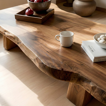 Walnut coffee table with curved surface and clean lines