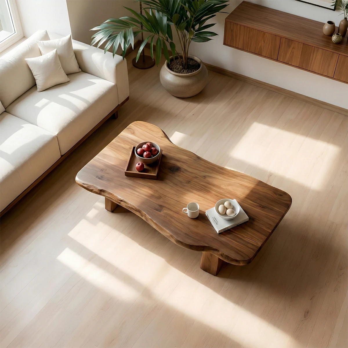 Modern walnut coffee table with soft edge silhouette
