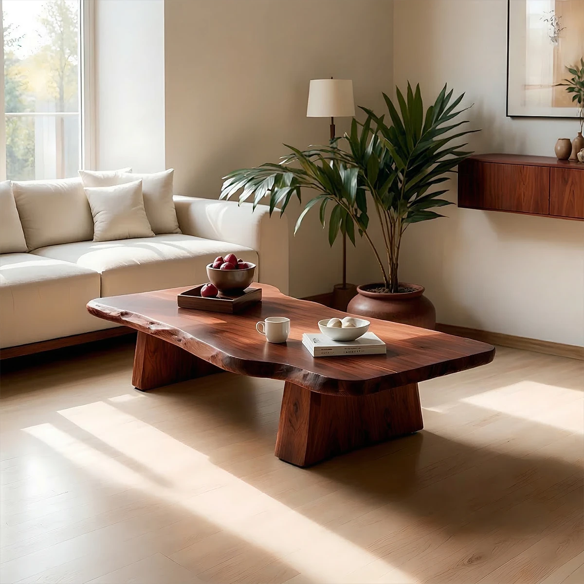 Elegant walnut coffee table with platform base structure