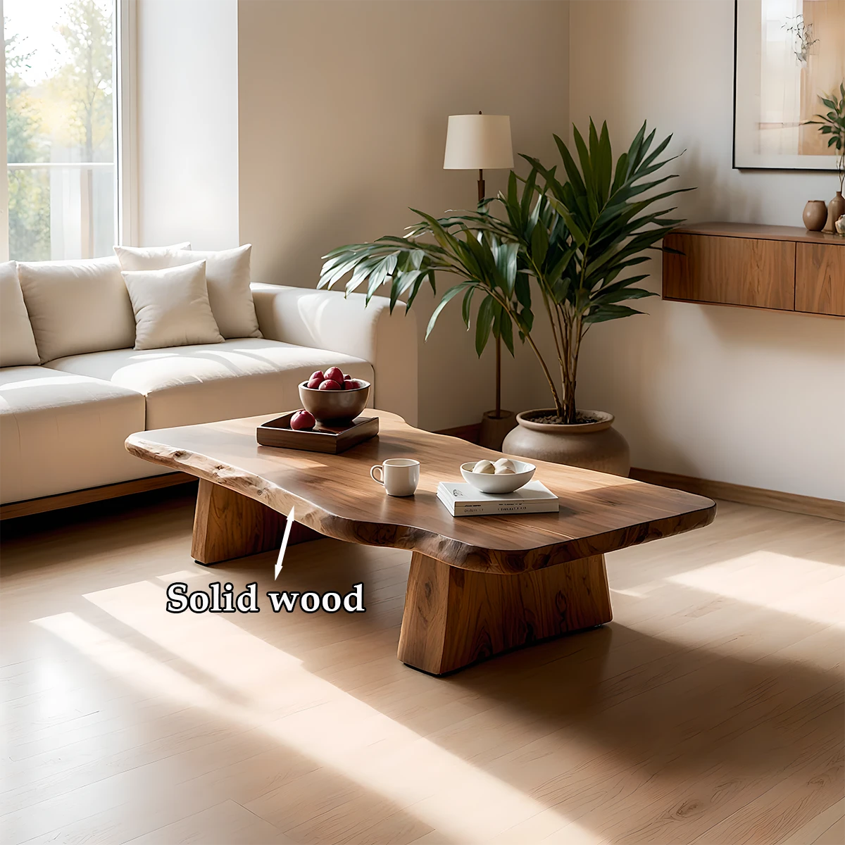 Walnut coffee table with minimalist curved form