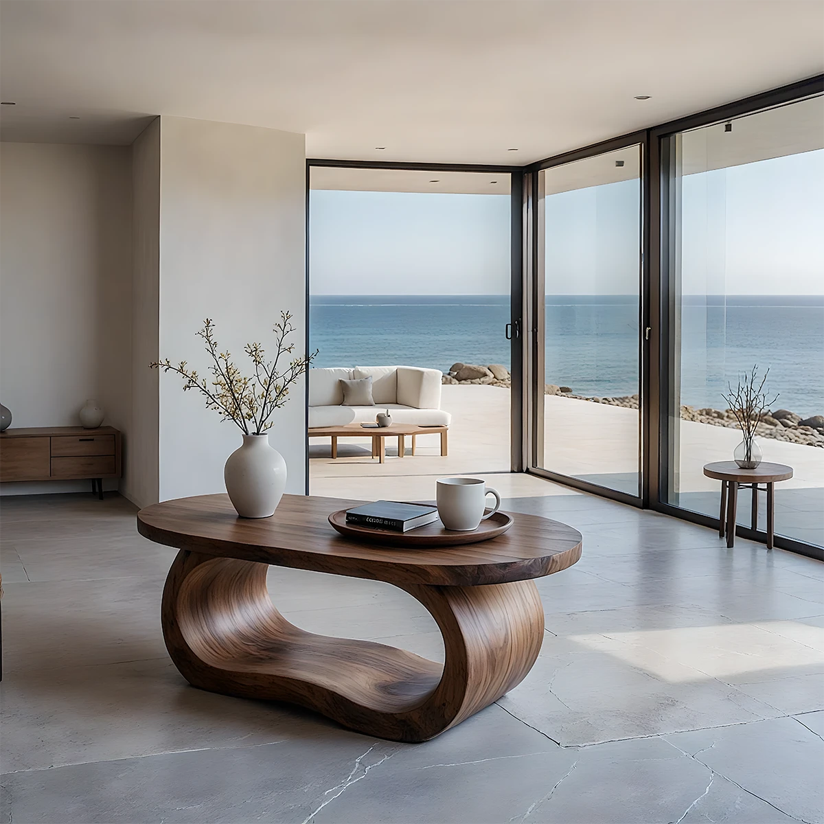 Walnut look coffee table with curved sculptural base and smooth surface in a modern minimalist living space