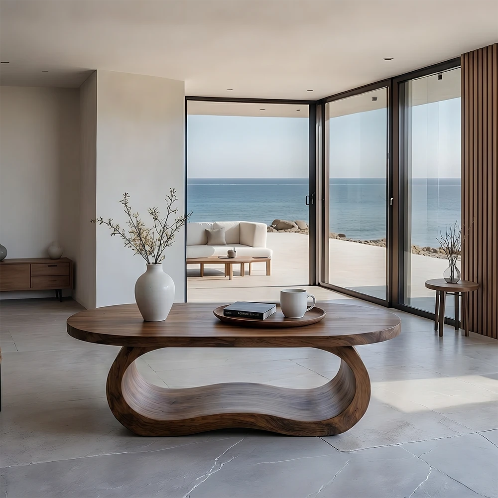 Modern living room with a wooden coffee table and ocean view