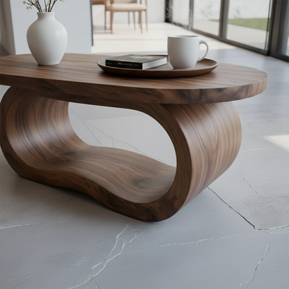 Minimal coffee table with walnut look and organic base shape in a clean and calm living room environment