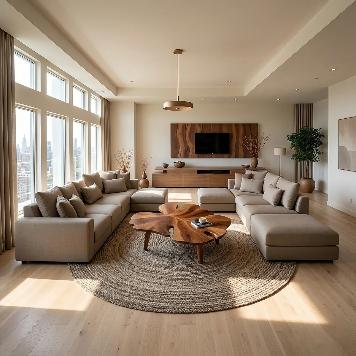 Coffee table in walnut stain with flowing base design and rounded edges in a bright interior setting