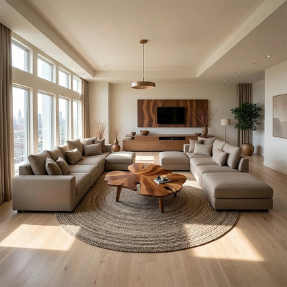 Coffee table in walnut stain with flowing base design and rounded edges in a bright interior setting