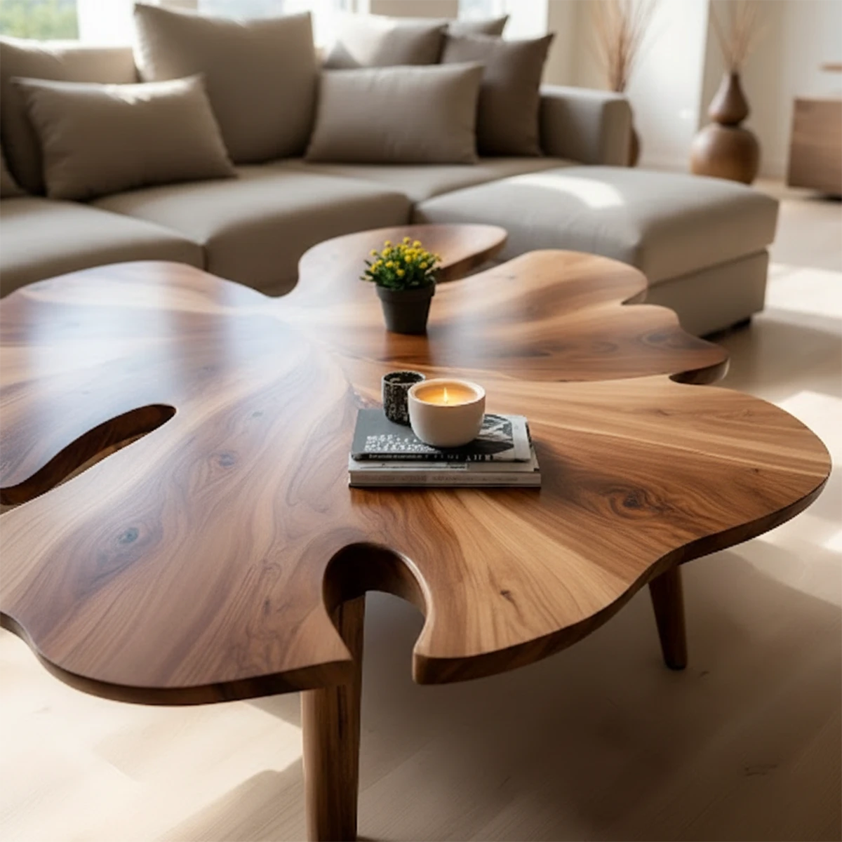 Minimal coffee table with walnut stain and organic base shape in a clean and calm living room