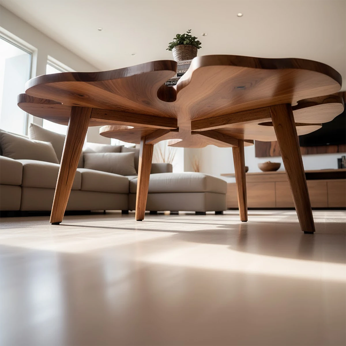 Walnut stain coffee table with sculptural curved base and seamless top in a soft neutral interior