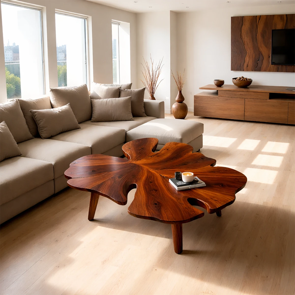 Contemporary coffee table in brown stain with curved base form in a refined interior setting