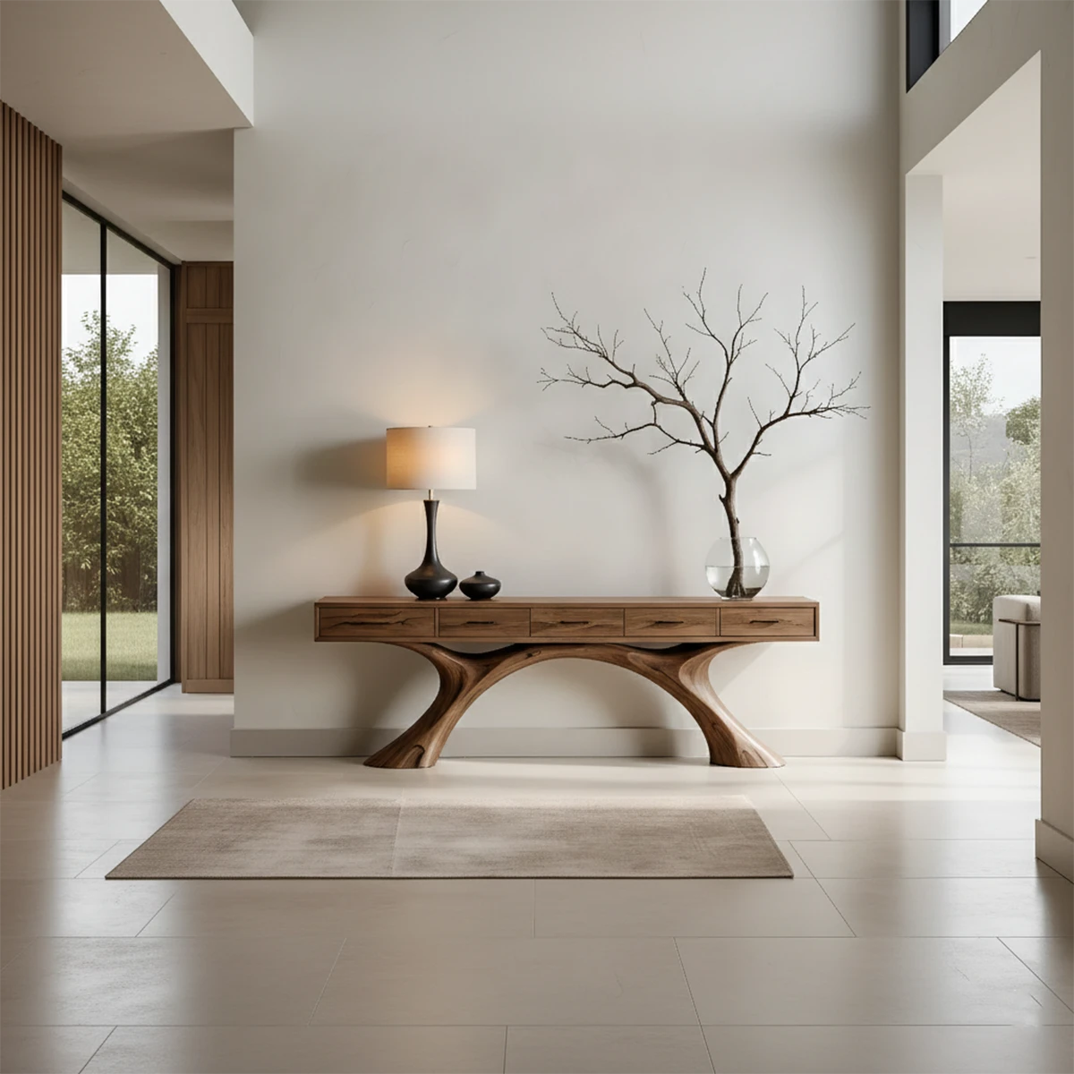Minimalist console table with double arch base crafted from solid wood in a calm modern interior