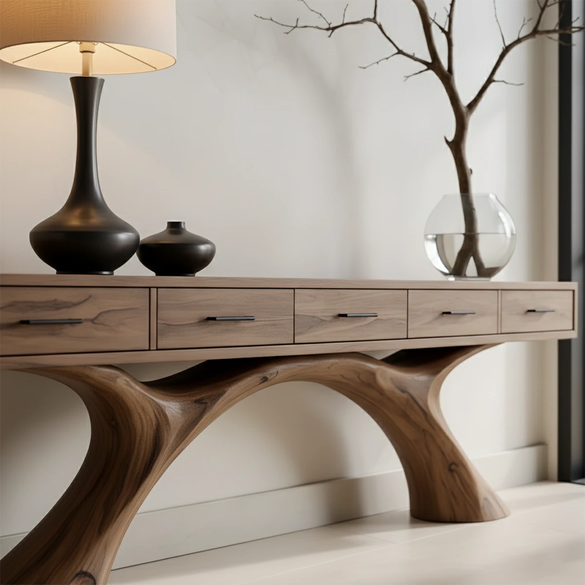 Solid wood console table with double arch base design creates a clean focal point in this room