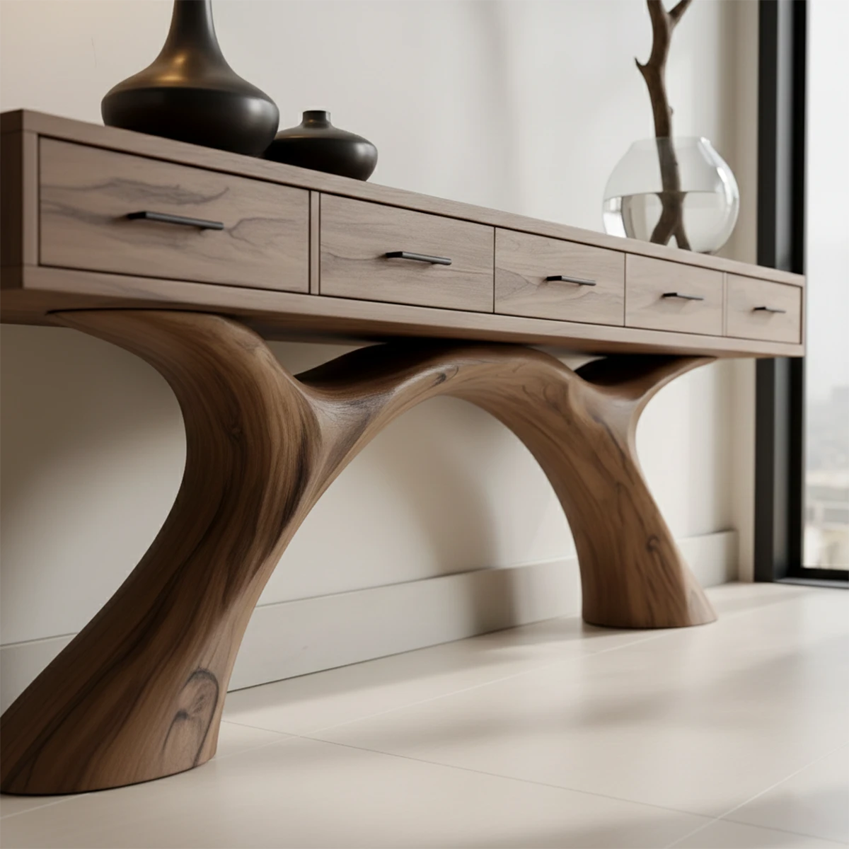 In this serene setting, a minimalist console table introduces soft curves and natural texture