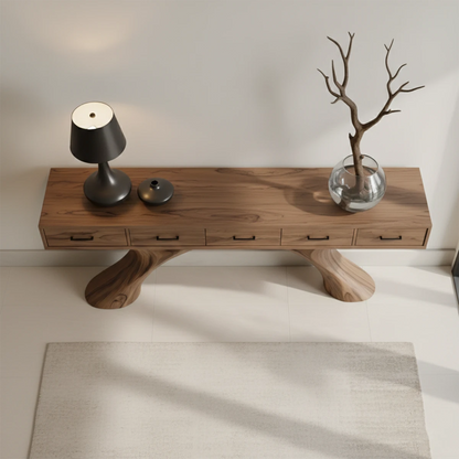 Contemporary console table with sculptural arch base enhances this bright and open interior