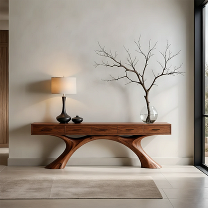 A refined console table in natural wood with dual curved base brings harmony to modern décor