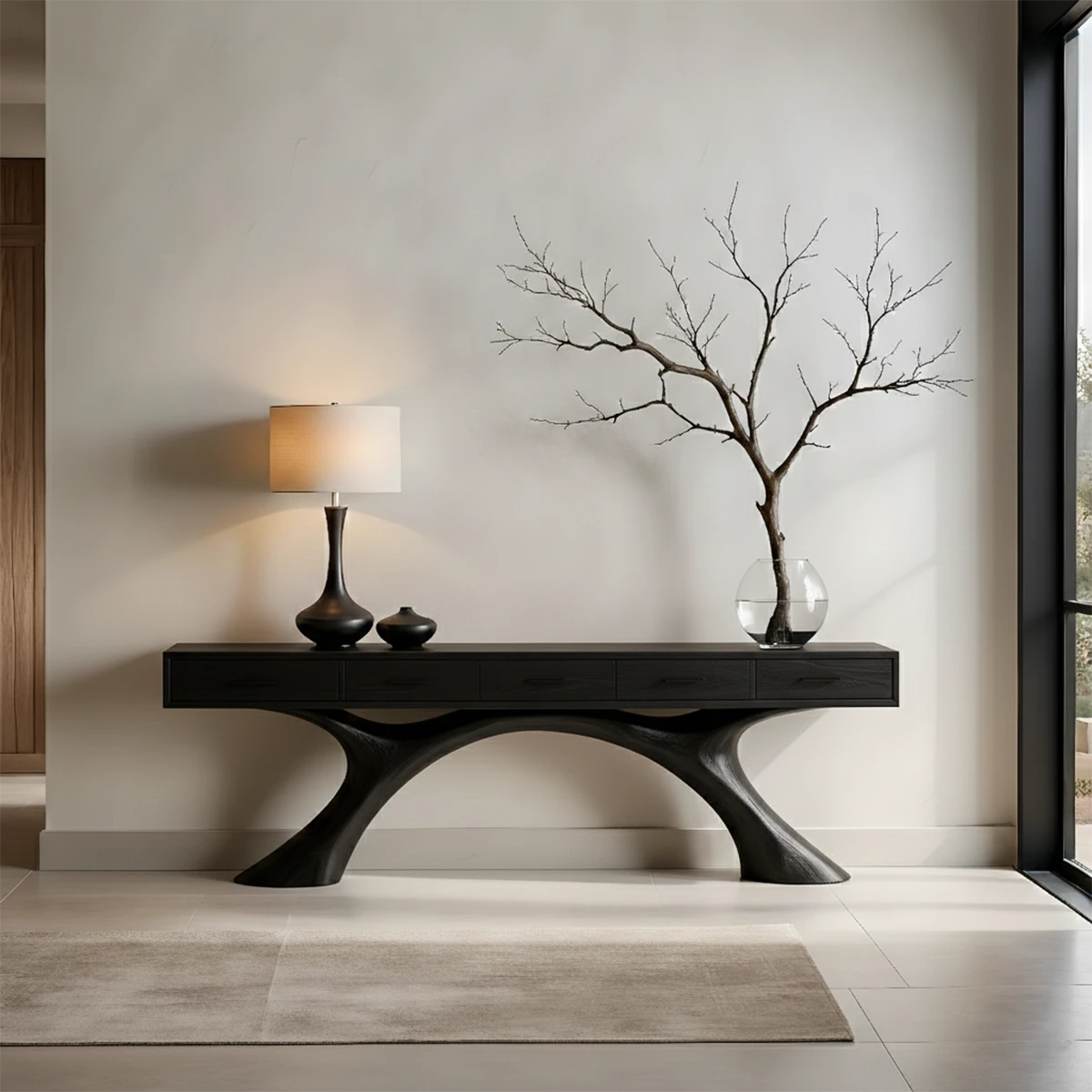 Balanced interior styled with a sculptural console table featuring double arch wood structure