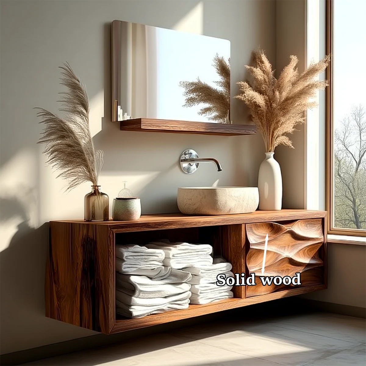 Minimal rosewood floating bathroom vanity with sculpted wooden front