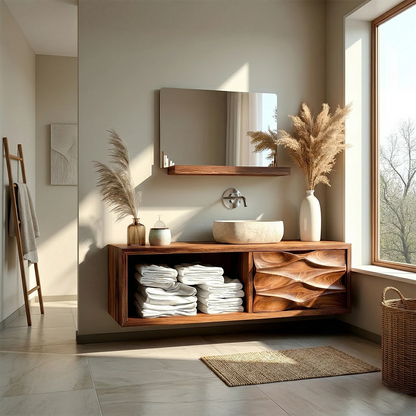 Natural rosewood floating bathroom vanity with stone vessel sink