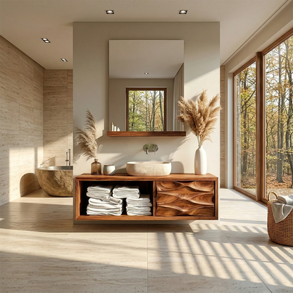 Minimalist rosewood floating bathroom vanity with open towel storage