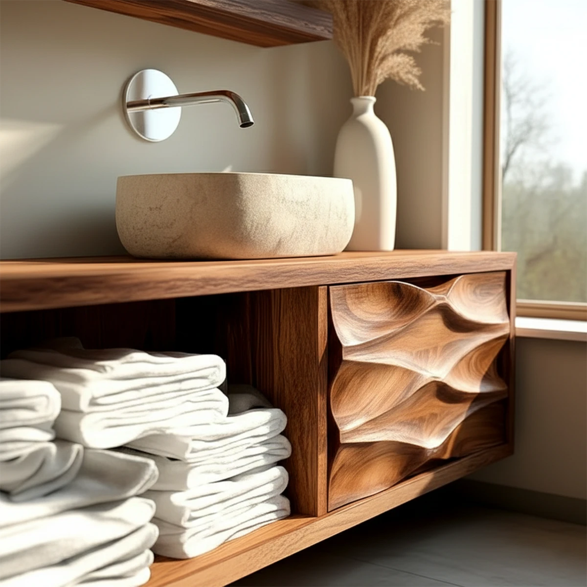 Solid rosewood floating bathroom vanity with carved wood panel