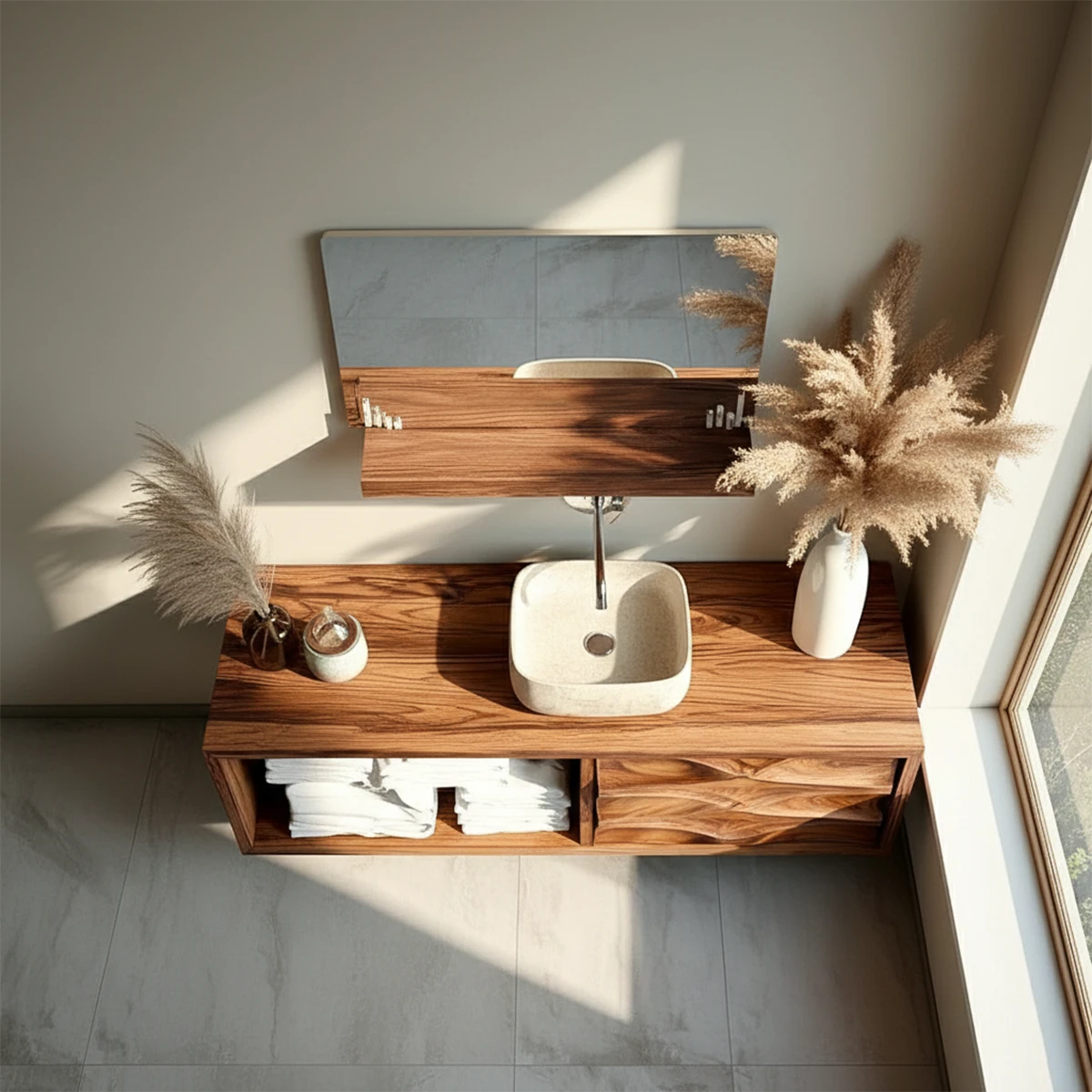 Elegant rosewood floating bathroom vanity with natural wood grain texture