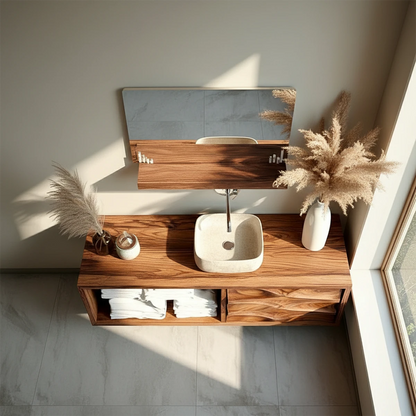 Elegant rosewood floating bathroom vanity with natural wood grain texture
