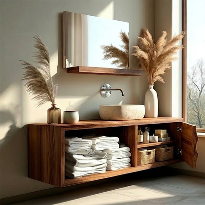 Designer rosewood floating bathroom vanity with decorative carved door