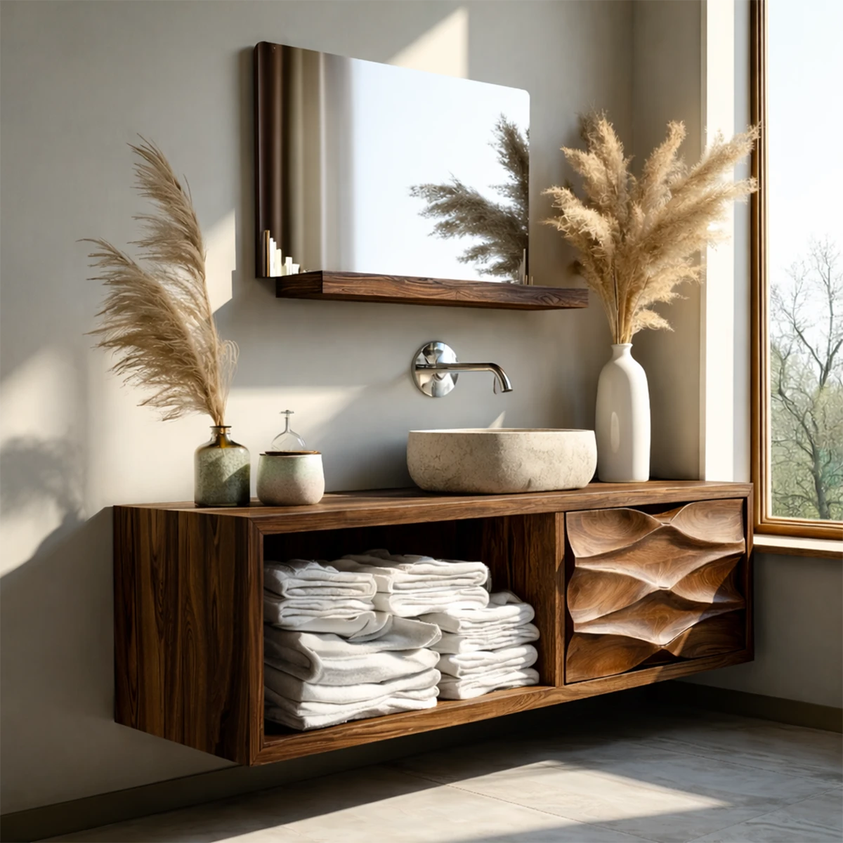 Premium rosewood floating bathroom vanity with open shelf storage