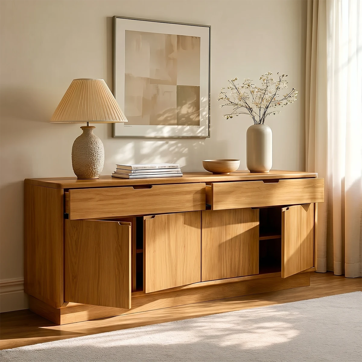 Elegant credenza cabinet with integrated storage compartments and clean modern silhouette