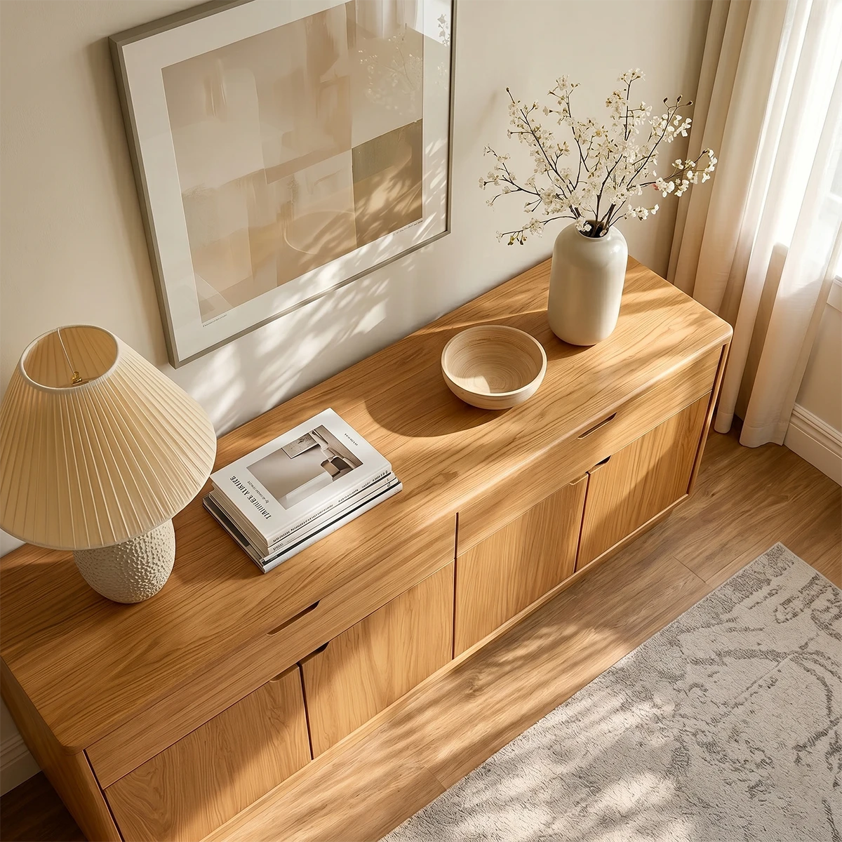 Sleek sideboard console with concealed cabinet storage and minimalist contemporary styling