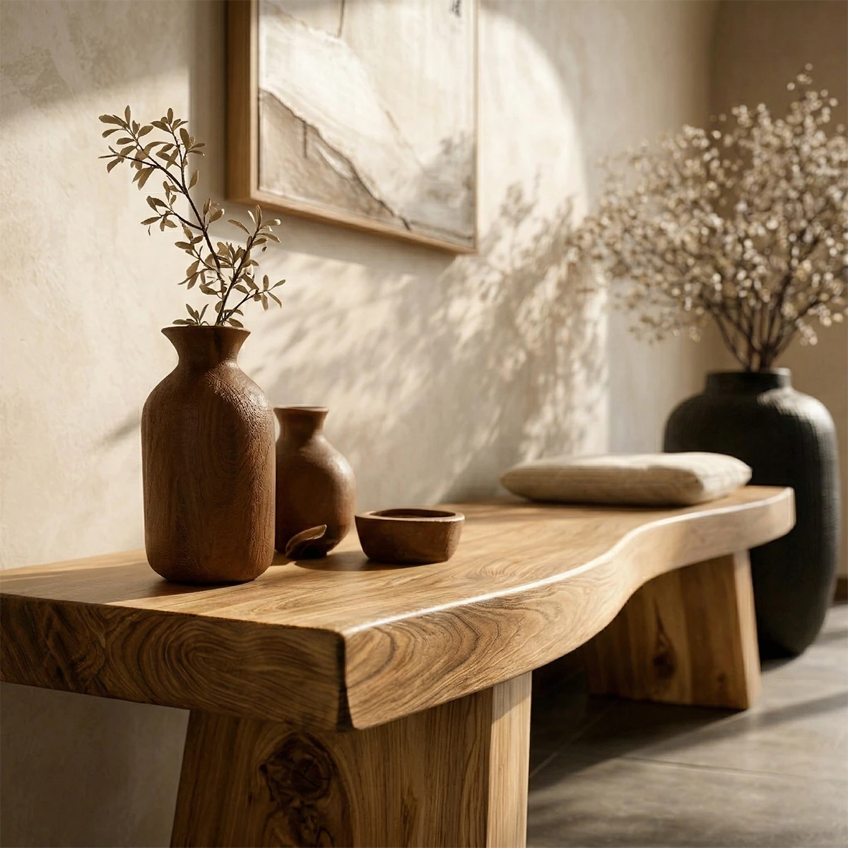 Elegant hallway bench designed with clean slab top and warm oak tone finish seating solution