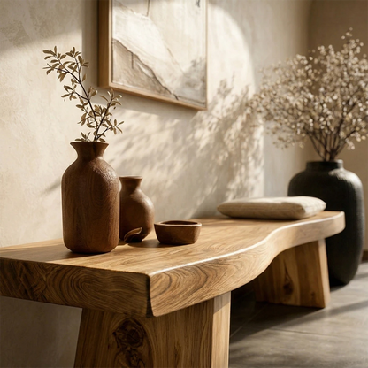 Elegant hallway bench designed with clean slab top and warm oak tone finish seating solution