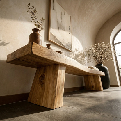 Contemporary entry bench displaying solid structure styling and polished oak tone finish